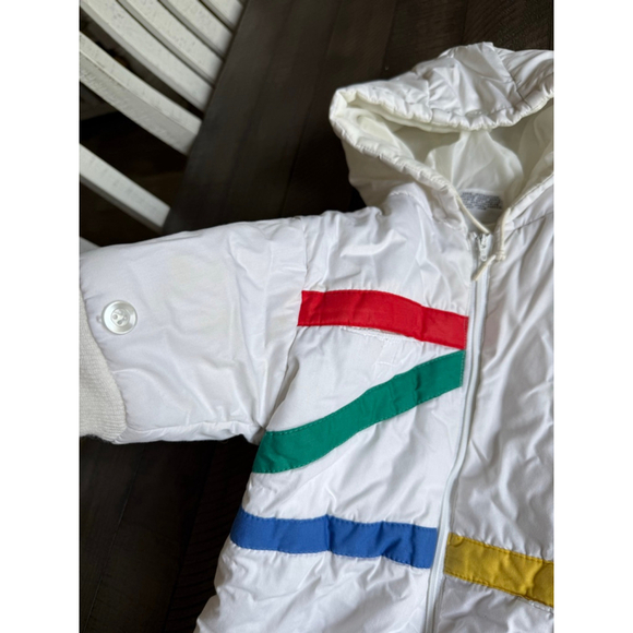 Vintage 80s Baby Snowsuit Rainbow Stripes White One Piece Hooded 12 Mo - Picture 4 of 6